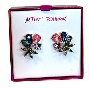 Betsey Johnson NIB Gold Tone Jewel Rhinestone Dragonfly Pierced Earrings (J003)